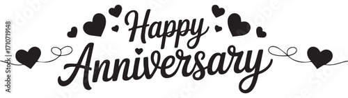 Happy Anniversary text with hearts and swirls celebration