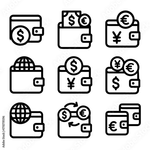 Collection of International Currency Wallets with Various Contents.