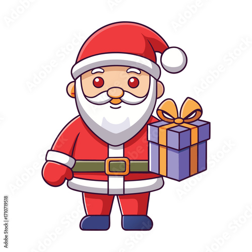 Adorable cartoon illustration of a cheerful santa claus holding a beautifully wrapped blue gift box tied with a golden ribbon ready for christmas