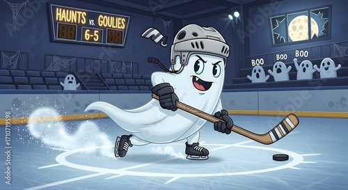 Cartoon Ghost Playing Hockey on an Ice Rink character sport