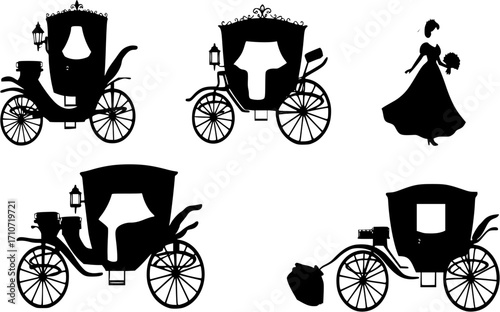 Old style wedding and marriage carriage vector silhouette collection
