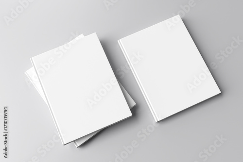 Stacked book mockup with blank white covers. Ideal for showcasing book designs, covers, or branding. isolated on gray background
