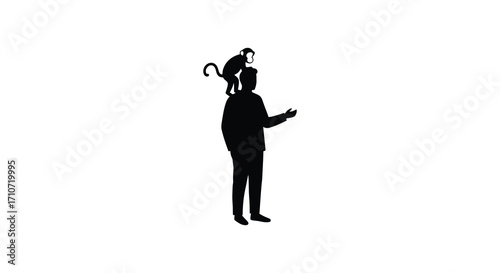Silhouette of a man with a monkey balanced on his head