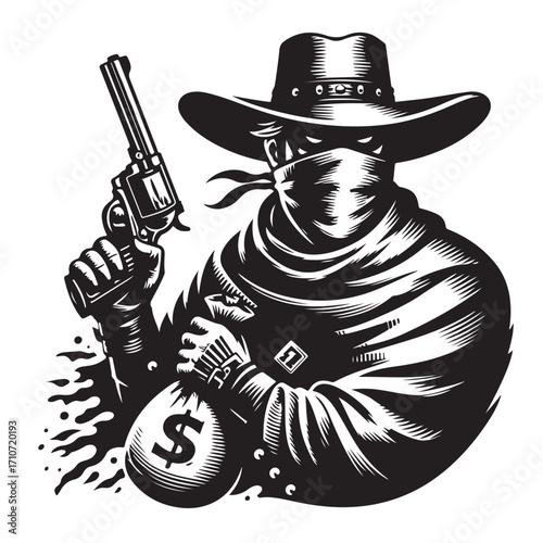 Gangster with gun illustration, vintage mafia man in hat, retro crime vector artwork