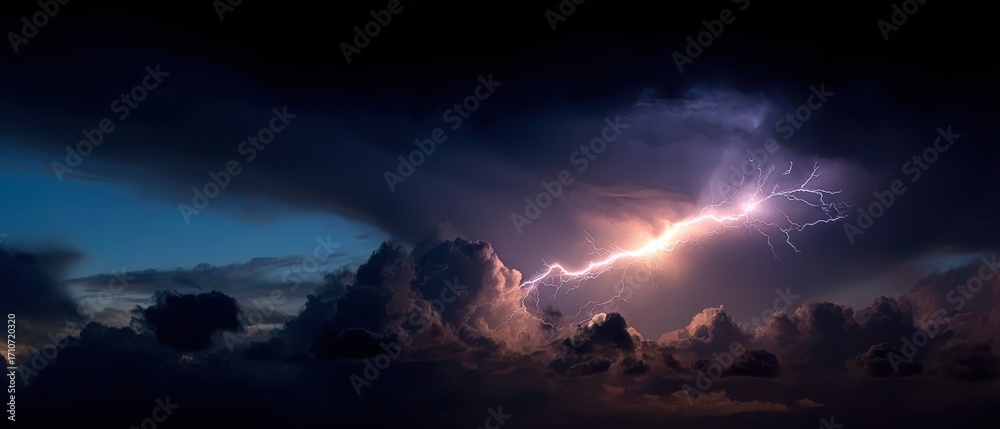 Fototapeta premium Dramatic Lightning Strike Illuminates Dark Storm Clouds at Dusk Panoramic View Nature's Power
