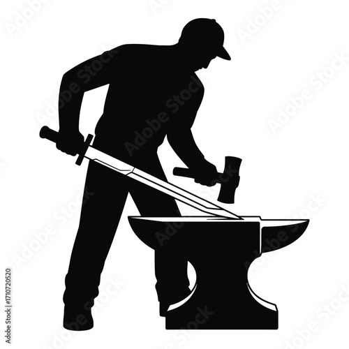 Worker forging sword with hammer on anvil silhouette vector isolated in black and white