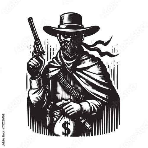 Gangster with gun illustration, vintage mafia man in hat, retro crime vector artwork