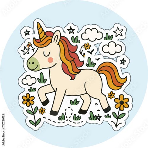 Cute Cartoon Unicorn Foal Walking Fantasy Vector