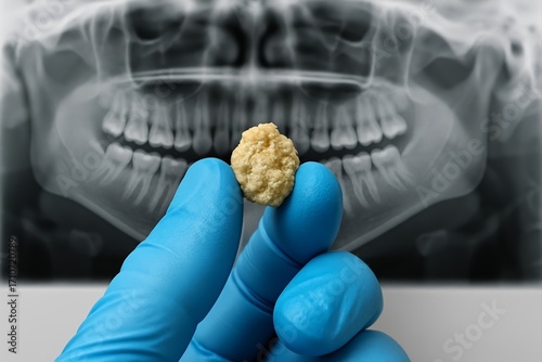 Dentist Holding Salivary Gland Stone with Dental X-Ray in Background