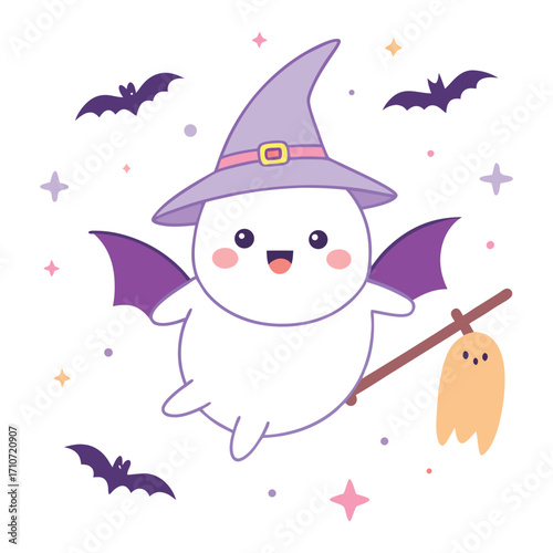 Adorable kawaii ghost wearing a witch hat and bat wings flies through the night sky carrying a jack o lantern treat bag