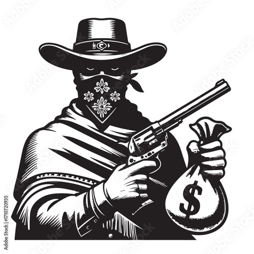 Gangster with gun illustration, vintage mafia man in hat, retro crime vector artwork
