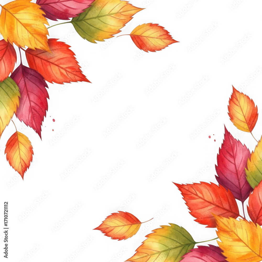 Fototapeta premium Vibrant autumn leaves border design with watercolor texture isolated on transparent background