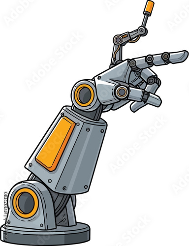 A mechanical arm pointing towards the right with a small articulated finger extension on top