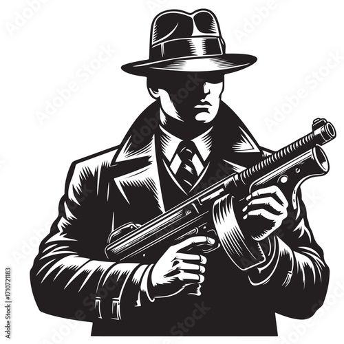 Gangster with gun illustration, vintage mafia man in hat, retro crime vector artwork