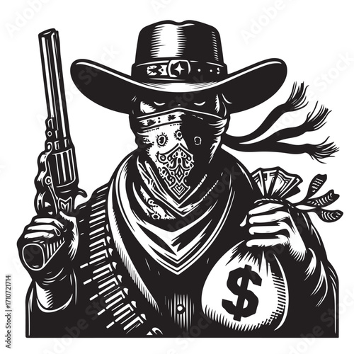Gangster with gun illustration, vintage mafia man in hat, retro crime vector artwork