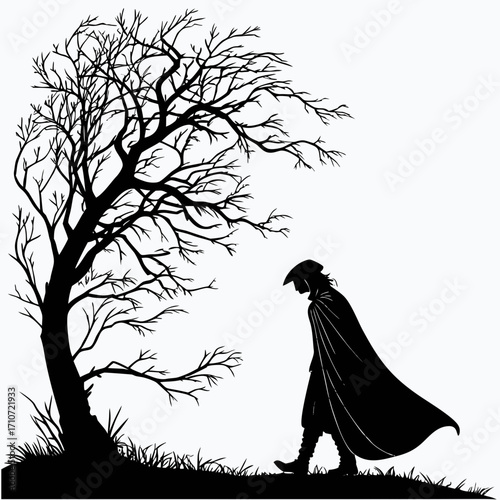 Man in cloak walks by bare tree silhouette isolated on white background