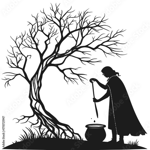 Witch stirring cauldron under bare tree silhouette isolated on white background