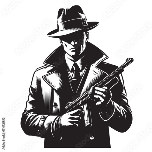 Gangster with gun illustration, vintage mafia man in hat, retro crime vector artwork