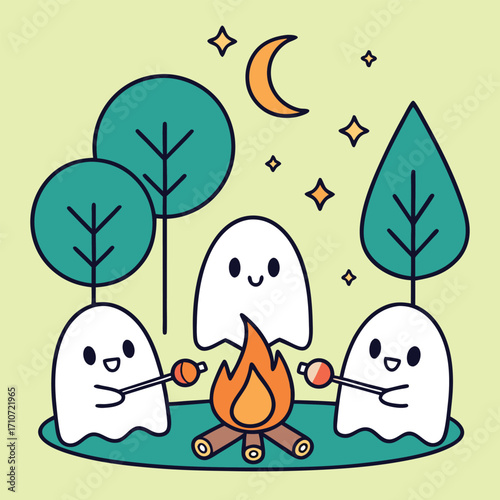 Three adorable cartoon ghosts gathered around a crackling campfire at night under a crescent moon and twinkling stars in a whimsical forest setting