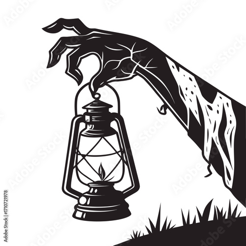 Creepy hand holding an old lantern silhouette isolated on white background