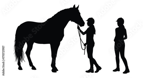 Silhouettes of a horse and two people in a field setting
