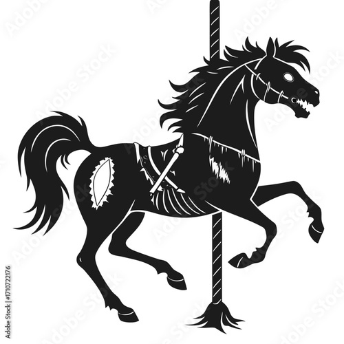 Spooky skeleton carousel horse silhouette isolated on white background
