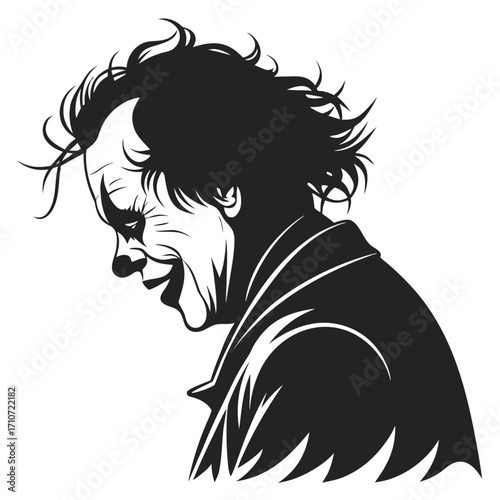 Creepy clown face silhouette isolated on white background