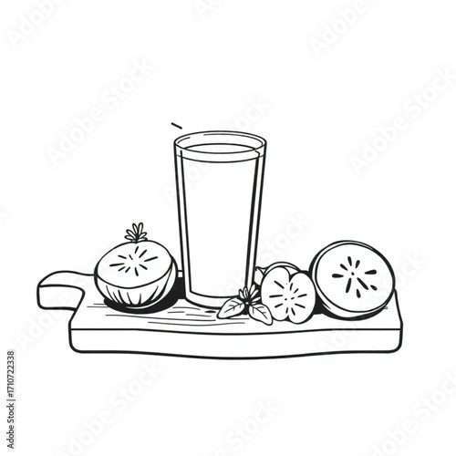 Cold-pressed vegetable juice flight on wooden board