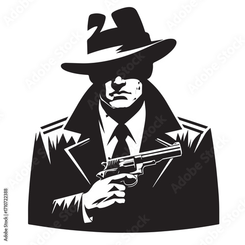 Gangster with gun illustration, vintage mafia man in hat, retro crime vector artwork