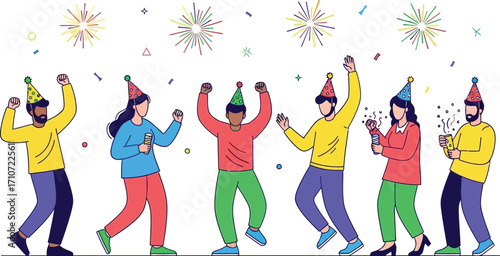 Group of diverse people celebrating with party hats confetti and fireworks in a festive atmosphere