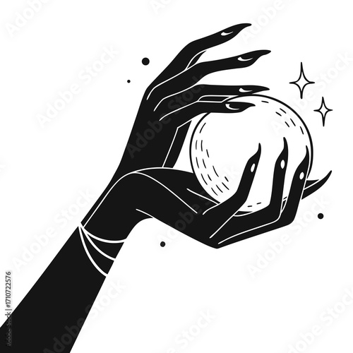 Mysterious hand holding a crystal ball silhouette isolated on white background