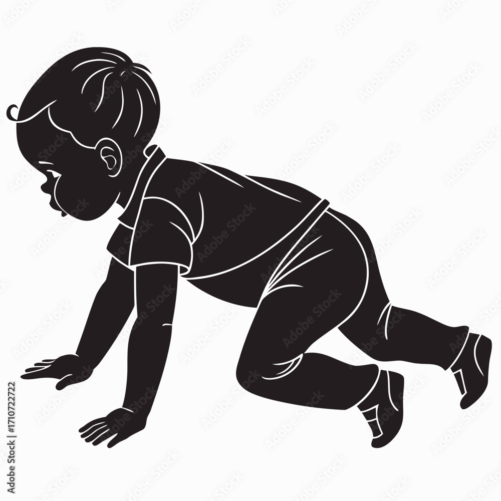 Fototapeta premium Child crawling on hands and knees silhouette isolated on white background
