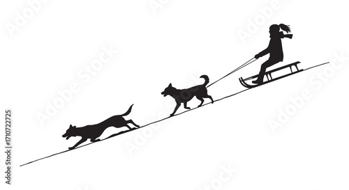 A silhouette of a child sledding down a snowy hill with dogs