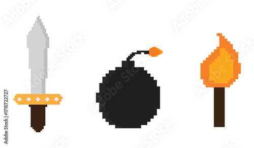 Pixel art icons set with medieval sword, retro bomb with fuse, and flaming torch in 8-bit style, perfect for video games, RPG, and retro design.