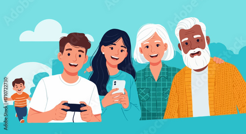 Cheerful Multi-Generational Family Laughing Together Outdoors with a Bright Blue Background