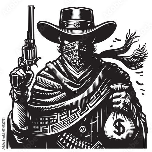 Gangster with gun illustration, vintage mafia man in hat, retro crime vector artwork