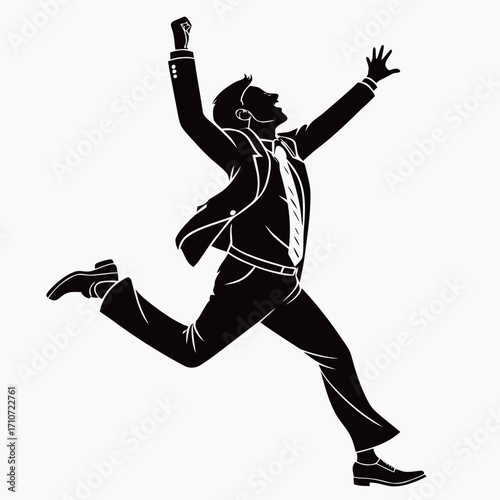 Excited businessman jumping with joy silhouette isolated on white background