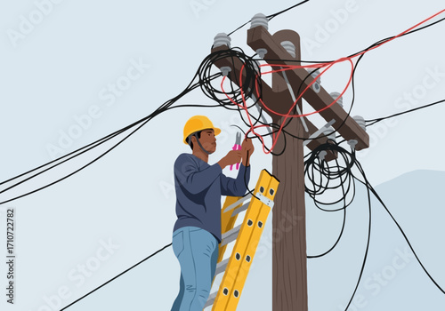 Focused Electrician on a Ladder Repairing Tangled Power Lines on a Utility Pole
