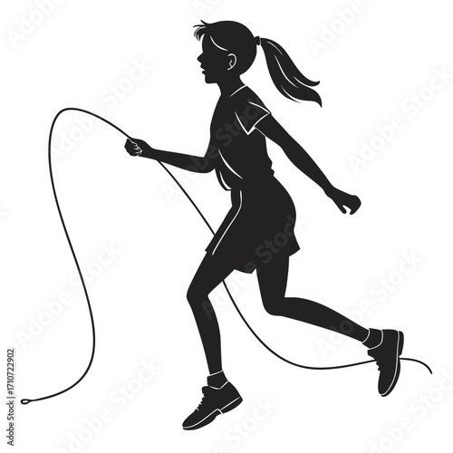 Young girl jumping rope silhouette isolated on white background