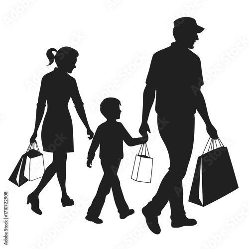 Family with shopping bags silhouette isolated on white background