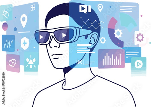 Illustration of a person wearing augmented reality glasses surrounded by floating application icons