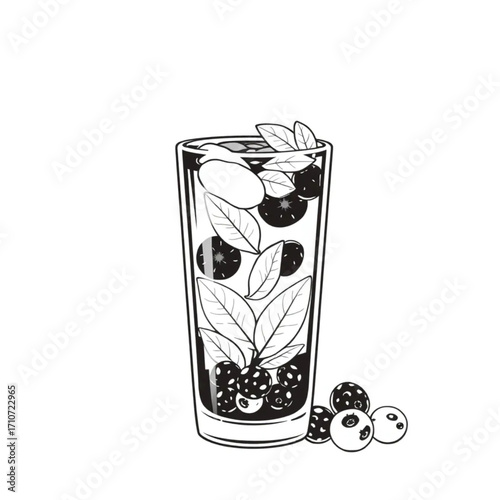 Cold herbal iced tea with fresh mint and berries
