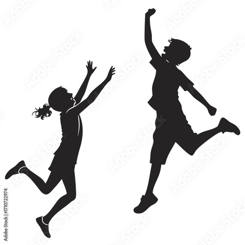 Joyful children jumping and reaching silhouette isolated on white background