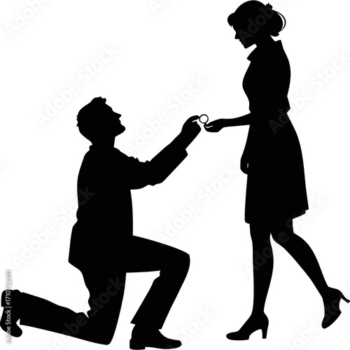 Man proposing marriage with ring to woman silhouette isolated on white background