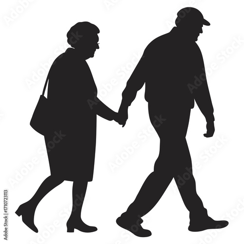 Elderly couple holding hands walking silhouette isolated on white background