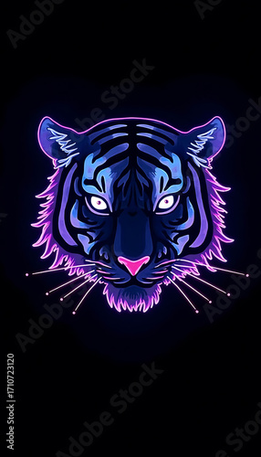 Neon Blue and Pink Tiger Head Illustration on Dark Background