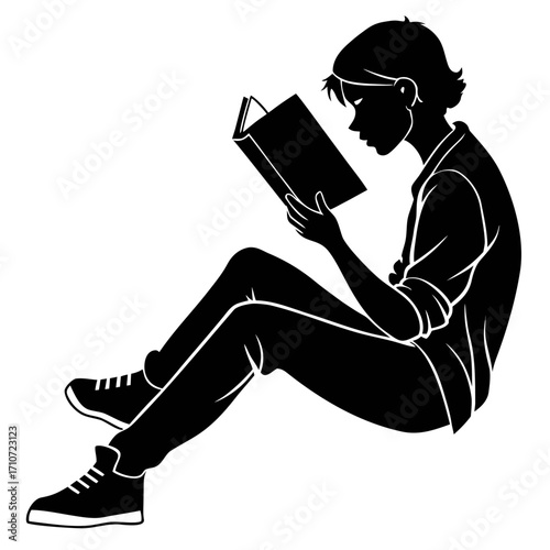 Young person reading a book silhouette isolated on white background
