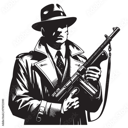 Gangster with gun illustration, vintage mafia man in hat, retro crime vector artwork