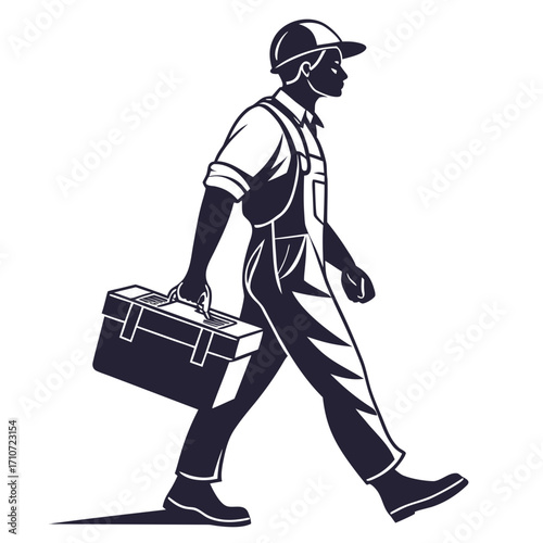 Construction worker carrying toolbox silhouette isolated on white background