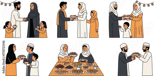 Illustrations of muslim families celebrating eid with food and exchanging greetings in various settings